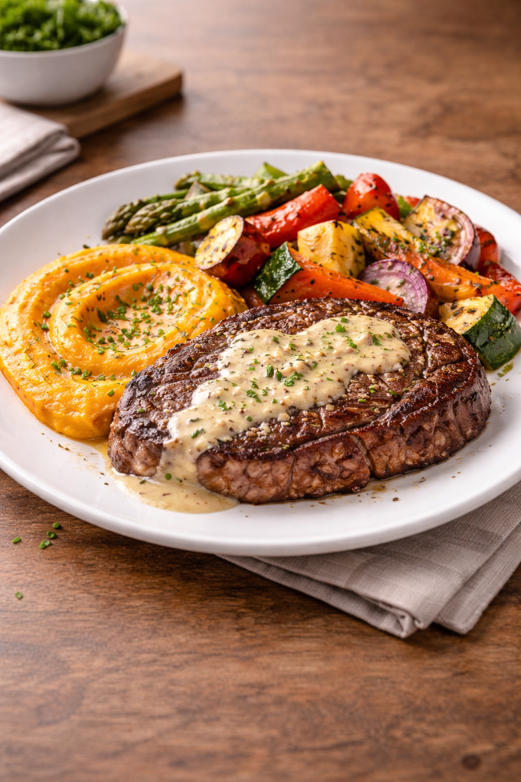 Ojo de bife a la mostaza con cremoso de batata y verduras asadas